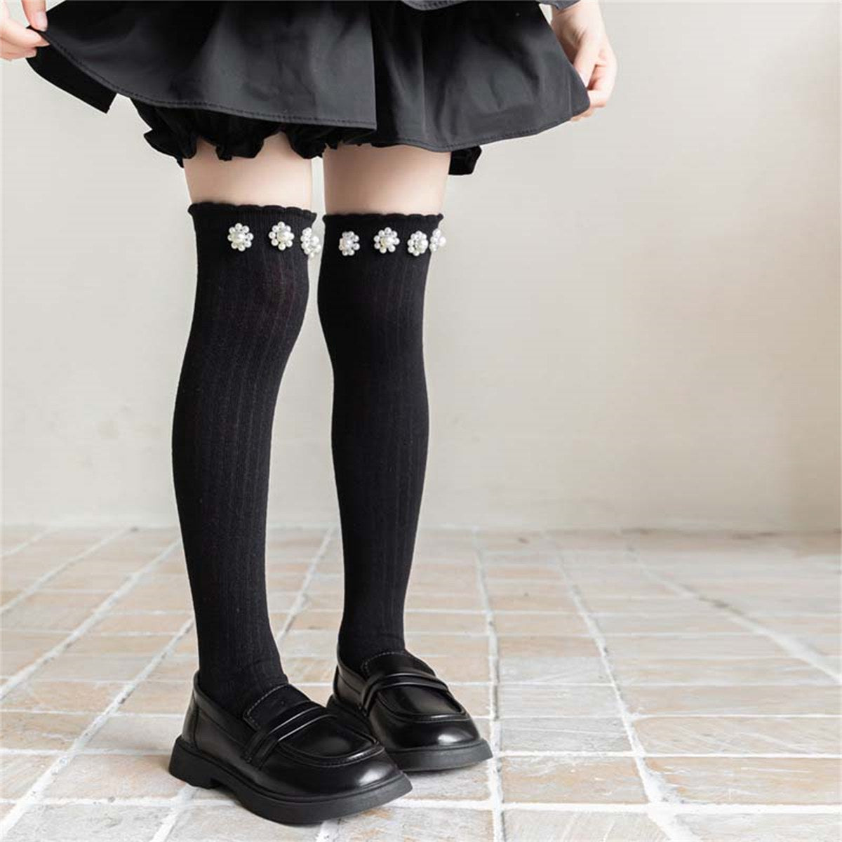 Girls Princess Sweet Style Flower Pearl Stockings