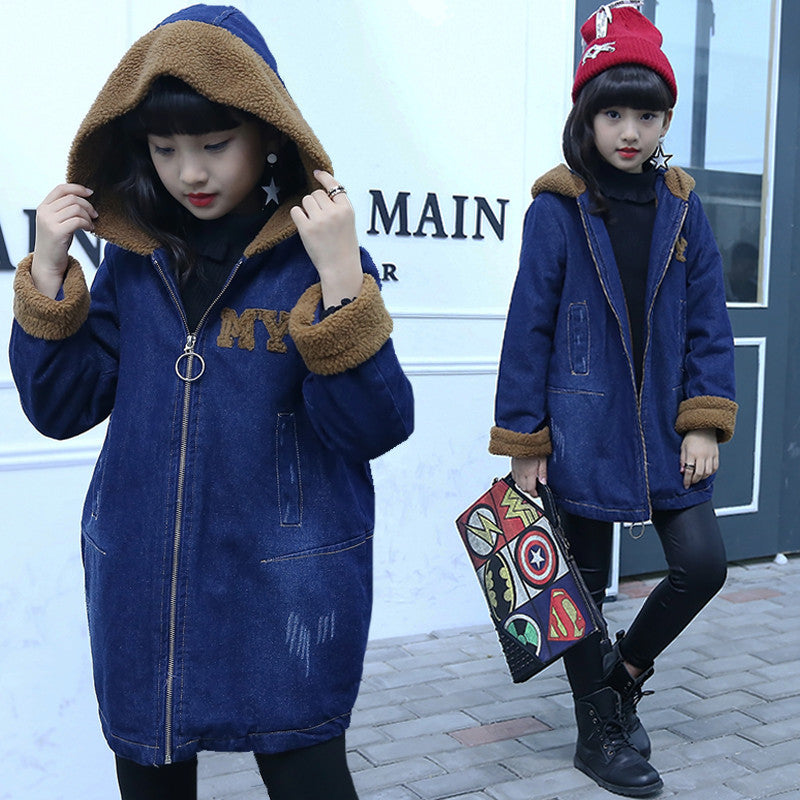 Girls' velvet denim windbreaker hooded long fashionable coat