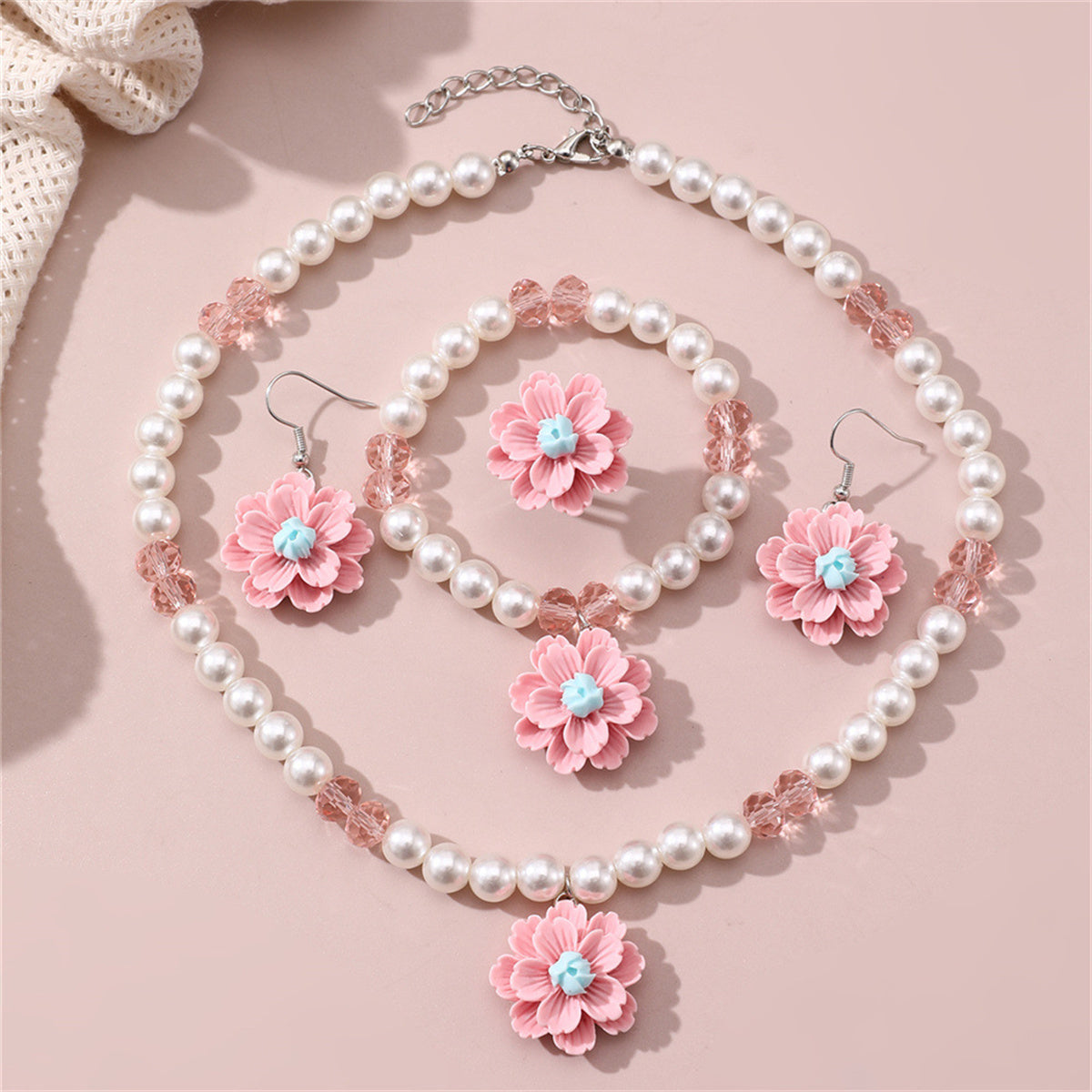 Children's 4-piece design sweet style imitation pearl flower pendant jewelry set