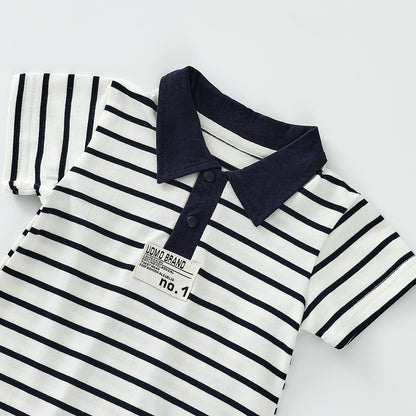 Striped lapel patch romper