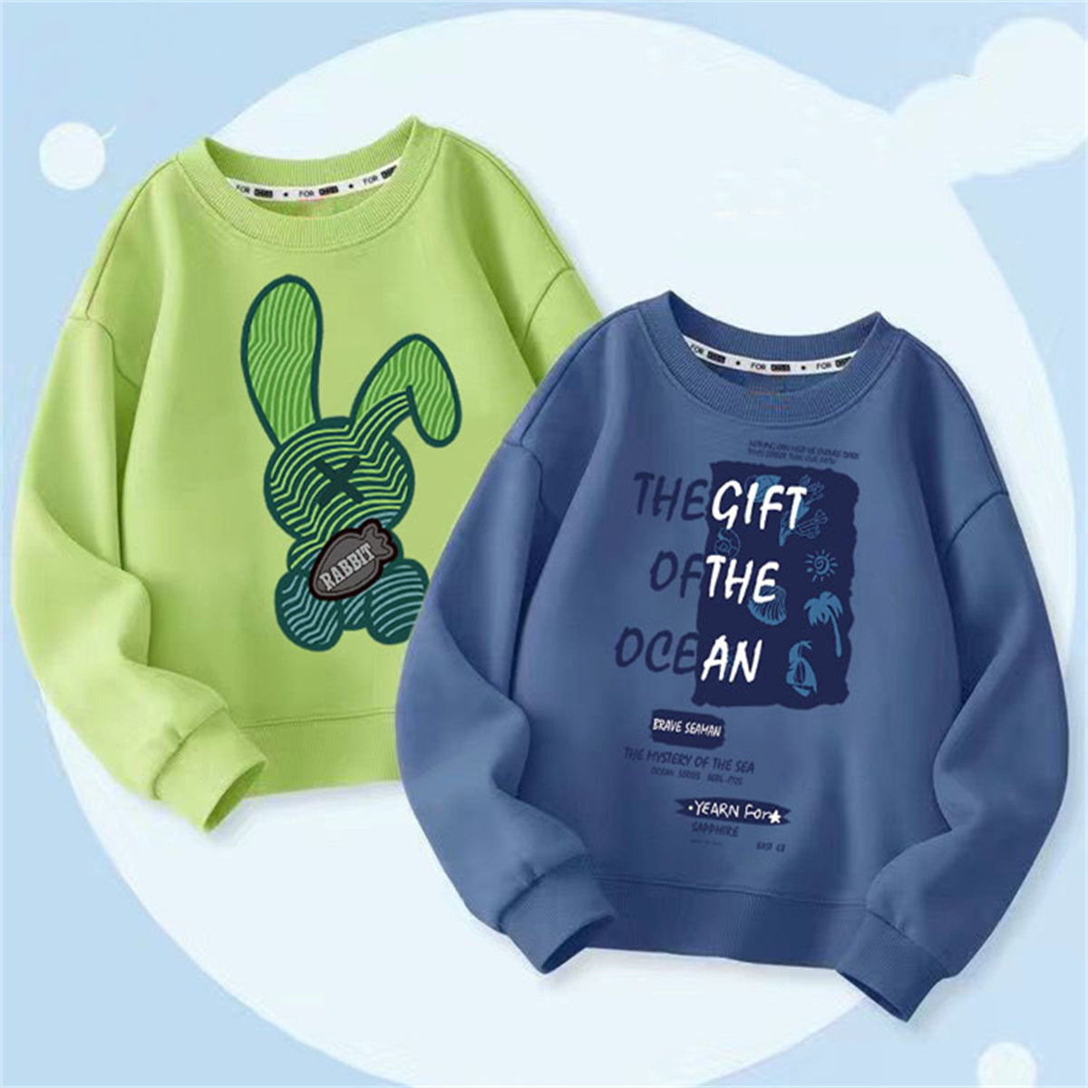 Green + Blue 2-Pack Cartoon Pattern Children's All-Match Sweatshirt