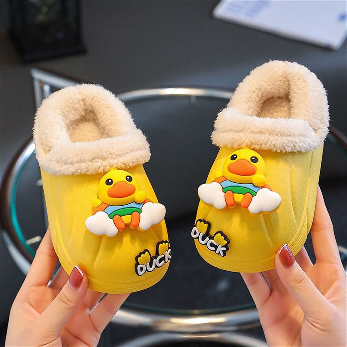 Winter waterproof plush 3D cartoon bear pattern cotton slippers for boys and girls