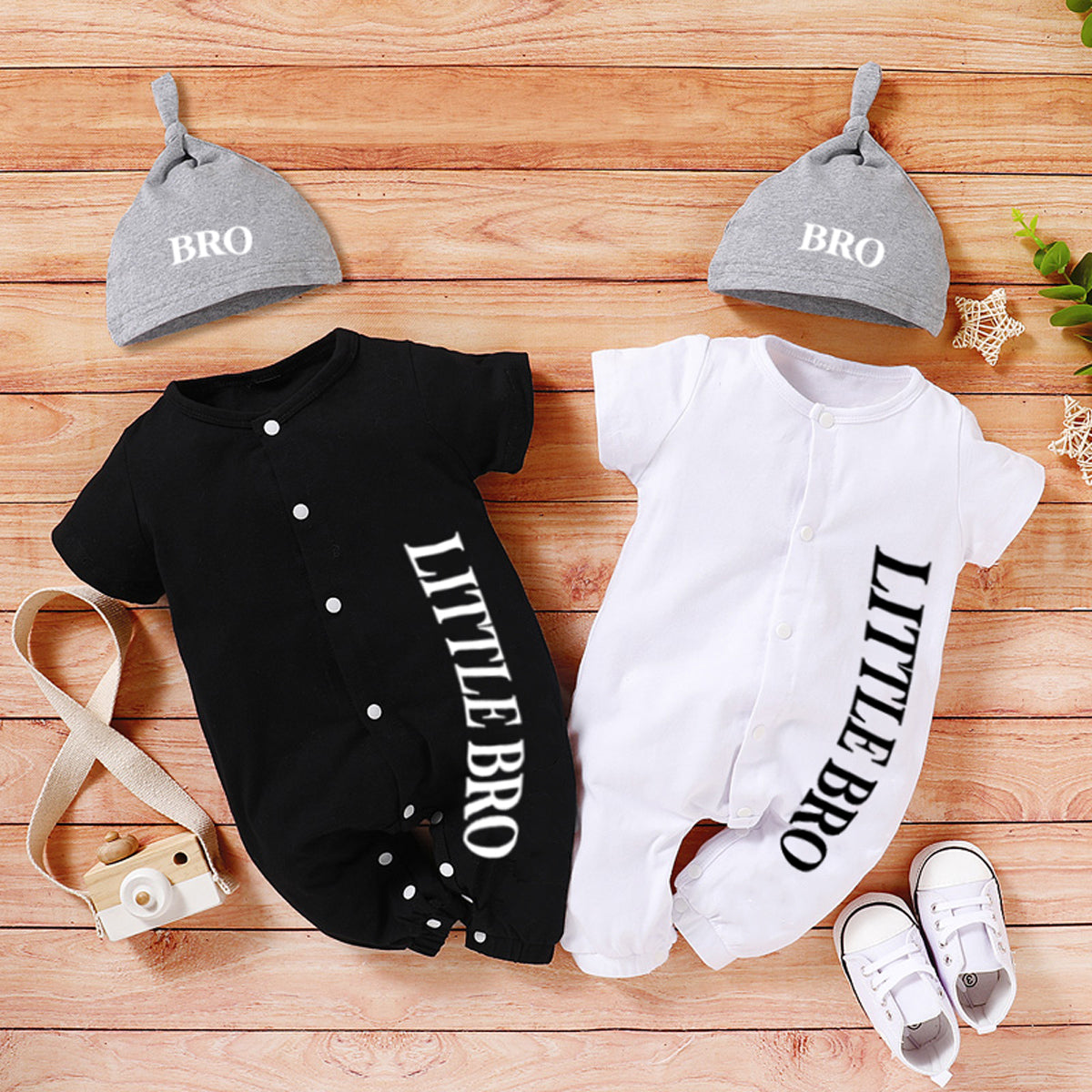 Pure cotton open chest letter print one-piece romper + hat