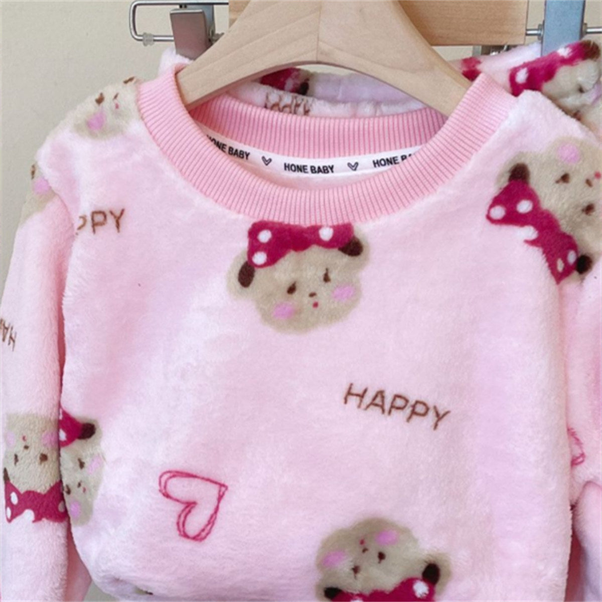 New style flannel pajamas children's coral fleece boys and girls baby cartoon round neck home clothes plus velvet thickened set