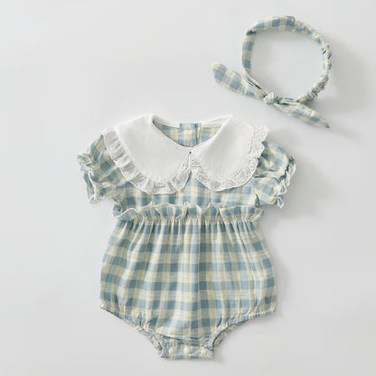 Plaid short-sleeved romper
