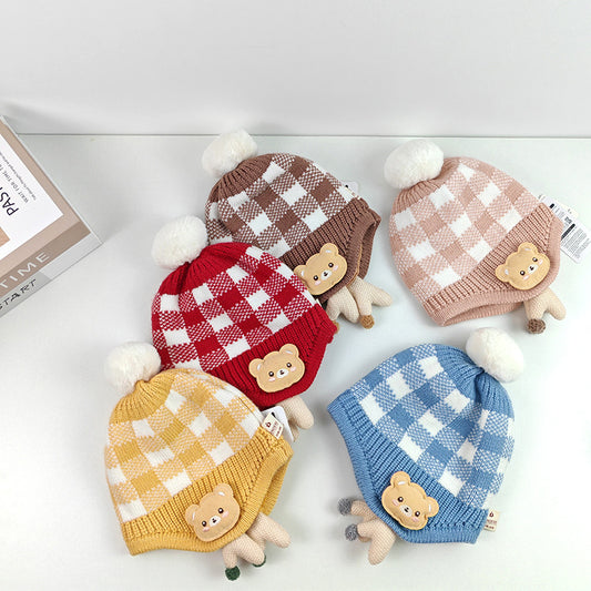 Children's boys and girls cute doll bear plaid knitted warm pullover wool hat