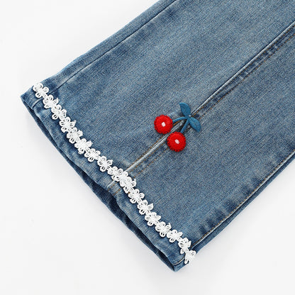 Cherry Embroidered Denim Pants
