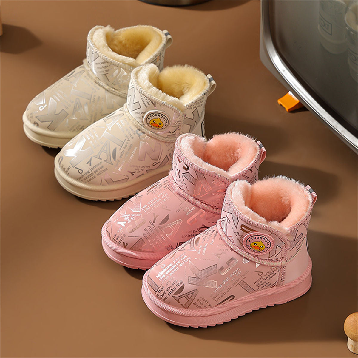 Winter yellow duck printed letter style casual waterproof warm snow boots for boys and girls