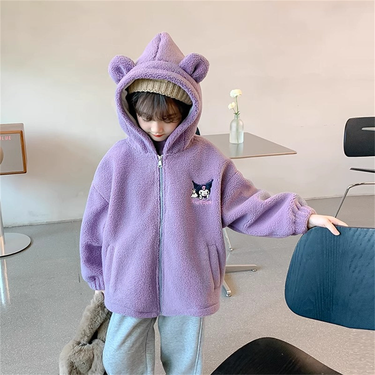 Winter Coulomi pattern plush polar fleece hooded jacket for middle and large kids girls