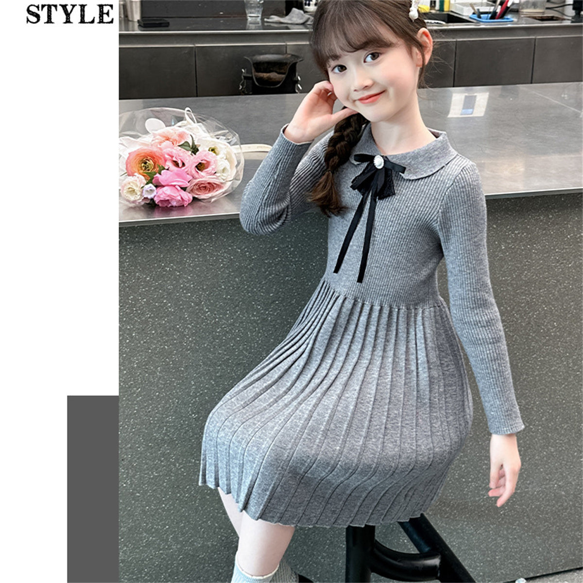 Girls Knitted Dress Cute Doll Collar Sweater Long Dress