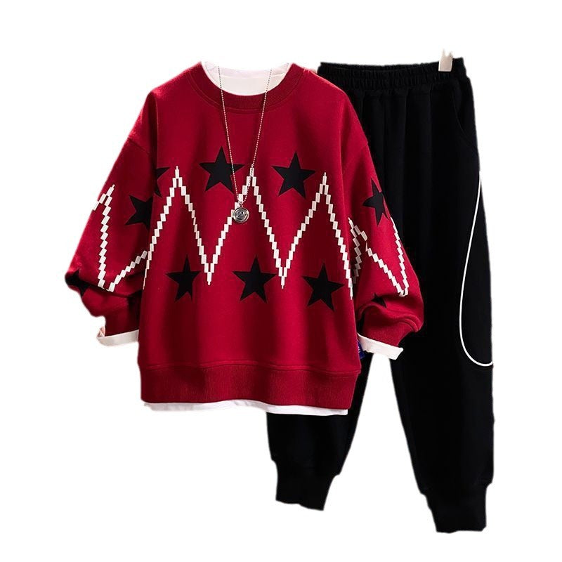 Boys two-piece sweatshirt and sweatpants fashionable sports suit for middle and large children