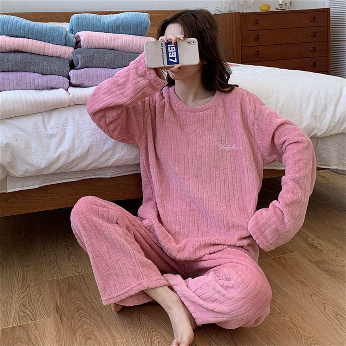 Coral Fleece Pajamas Women's Long Sleeve Thickened Home Clothes Peach Comfort Cotton Set