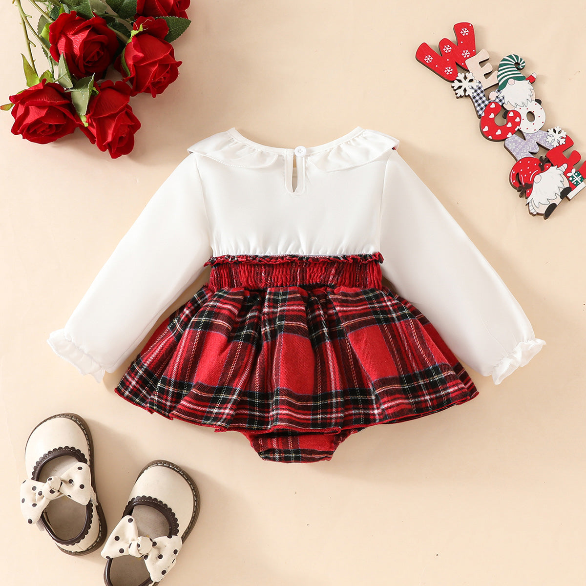 One-piece romper with suspender skirt in preppy style, featuring a Peter Pan collar, Christmas design