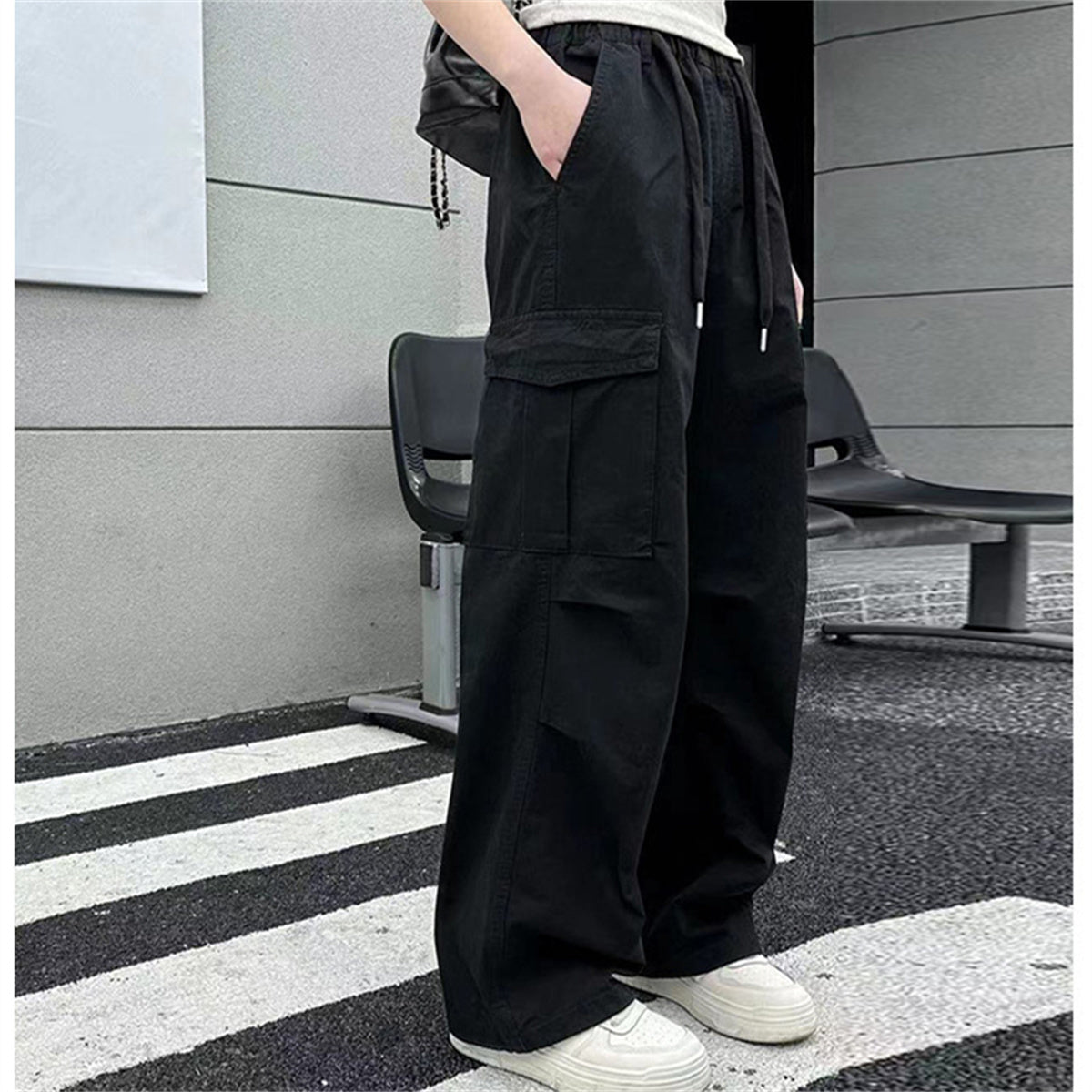 Girls Urban Sports Style Multi-Pocket Solid Color Woven Trousers