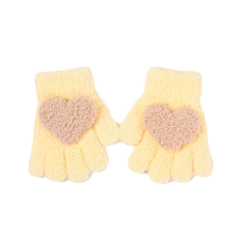 Children's Girls Love Knitted Autumn and Winter Five-Finger Warm Thickened Gloves