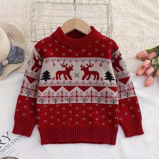 Boys and girls sweaters autumn and winter new Christmas tree red tops knitted pullovers