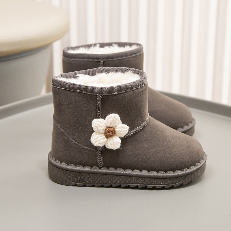 Winter solid color simple flower style warm casual snow boots high top cotton shoes for middle and large children girls