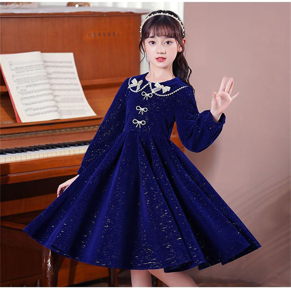 Winter solid color exquisite lady style shiny bow long sleeve dress for middle and large children girls