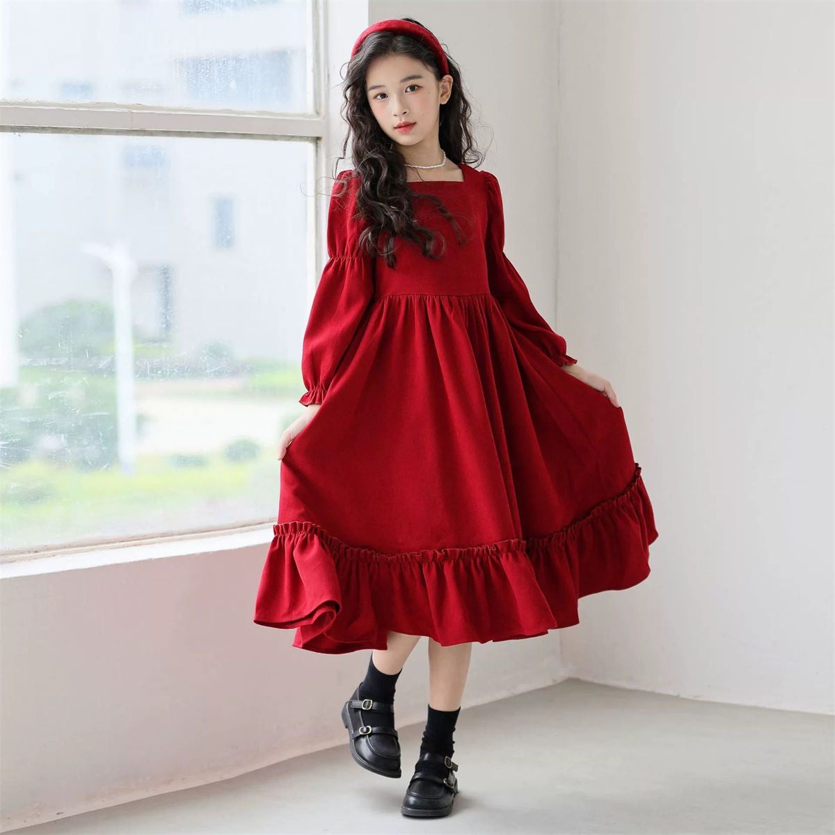 Autumn red elegant lady-style lace long-sleeved dress for middle and large girls