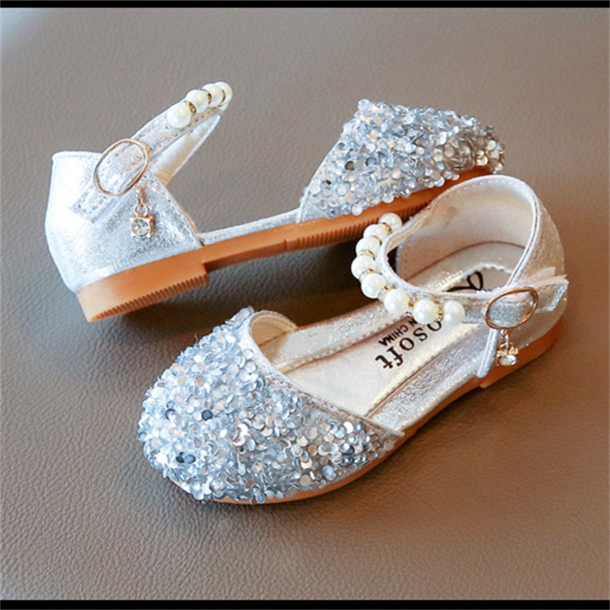 Little girl princess style sequined ladies pearl style sweet flat leather shoes