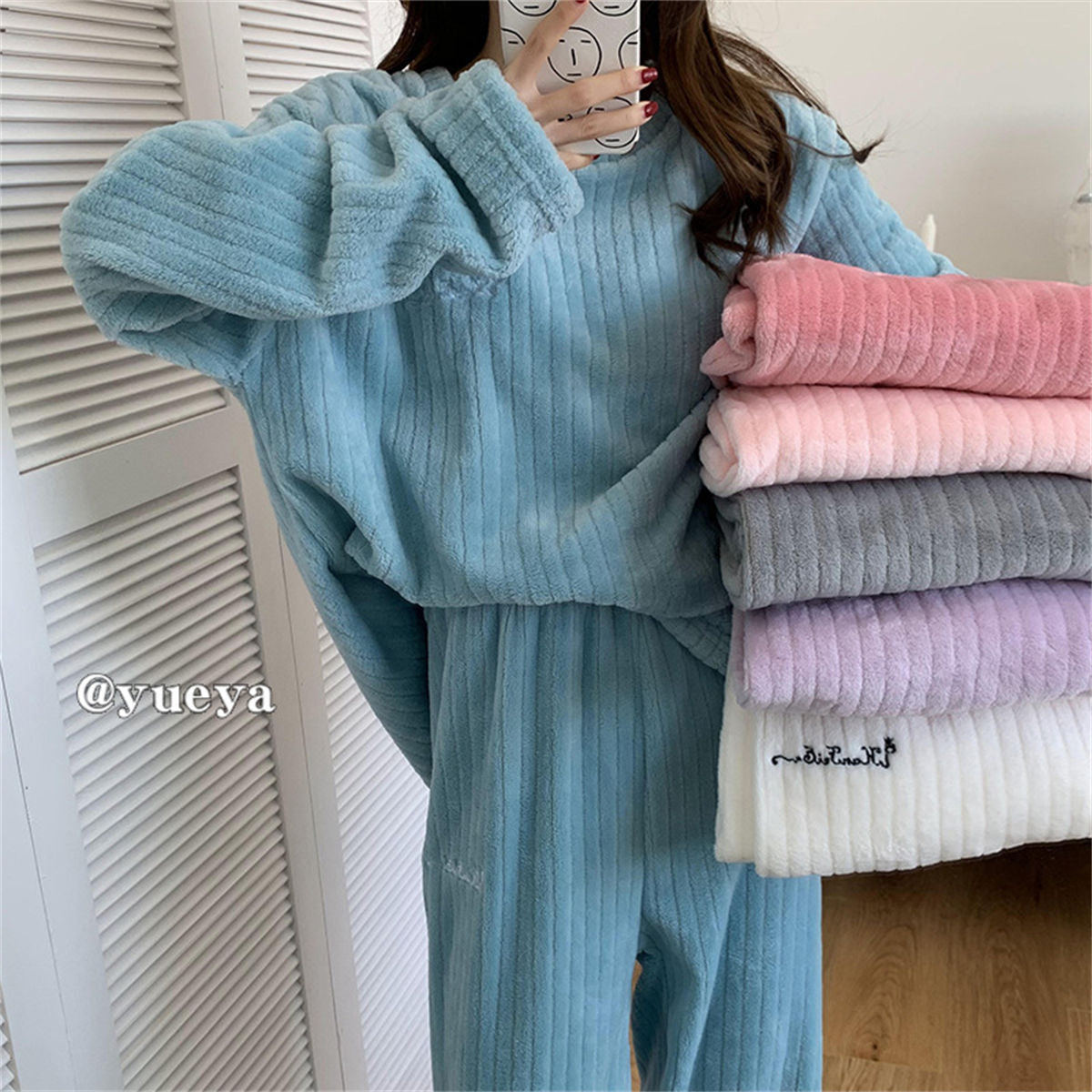 Coral Fleece Pajamas Women's Long Sleeve Thickened Home Clothes Peach Comfort Cotton Set