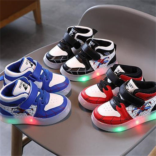 Cool Spider-Man soft-soled luminous LED soft-soled warm high-top sneakers for little boys