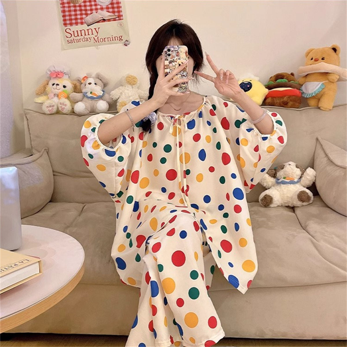 Colorful polka dot loose pajamas and home wear set