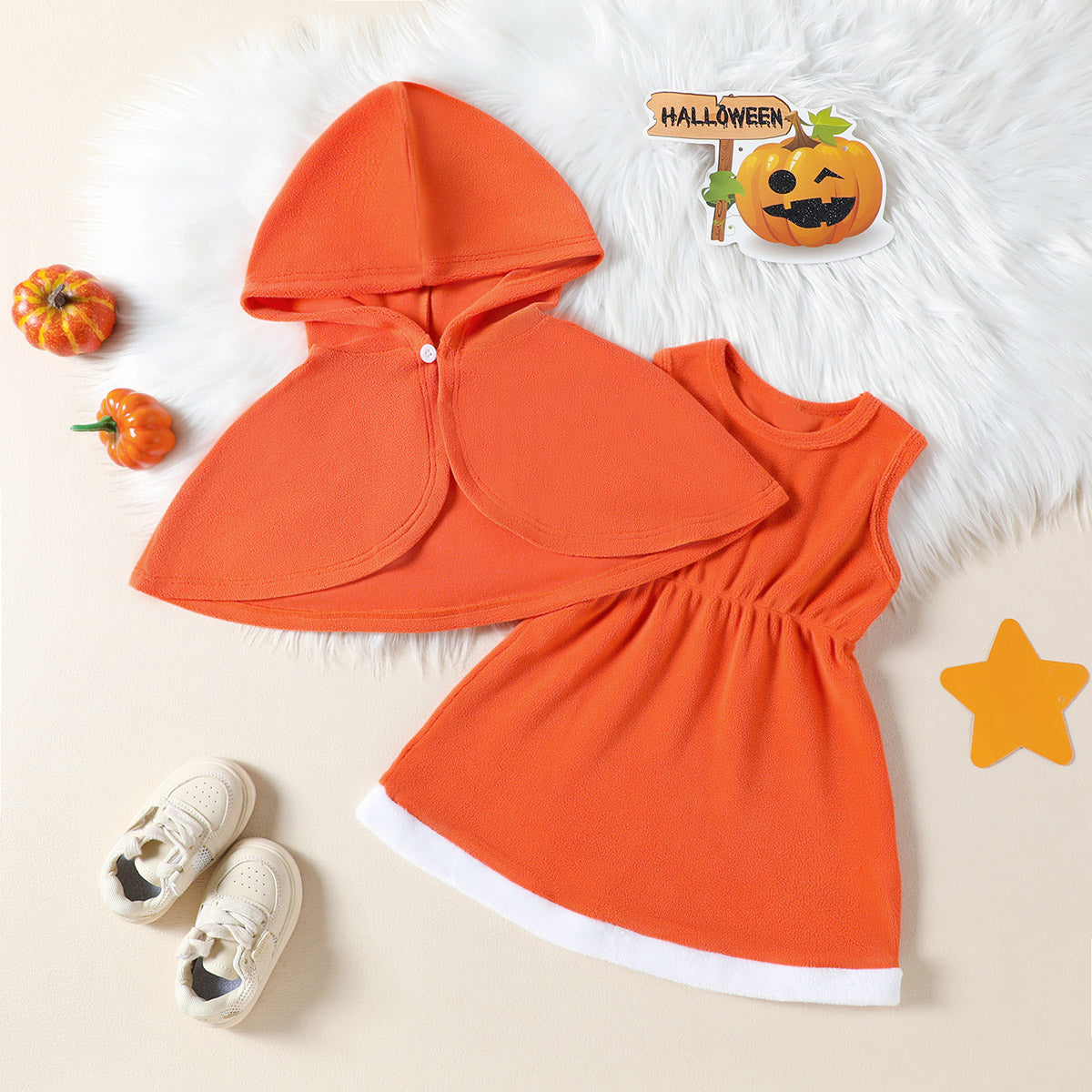 Two-piece baby girl spring and autumn suit polar fleece solid color dress with hooded cape cute and comfortable baby girl two-piece suit