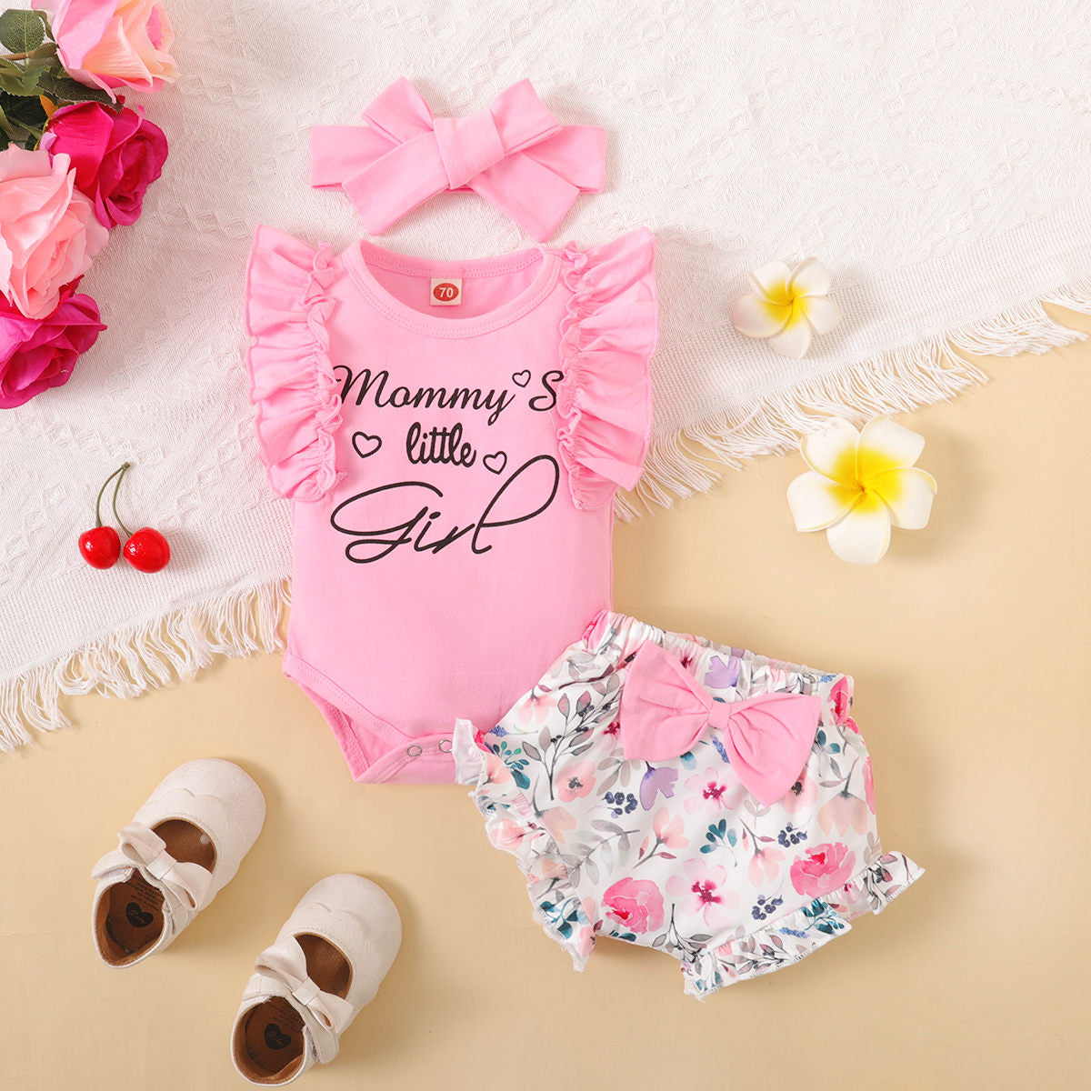 3-piece Baby Girl Ruffled Letter Printed Sleeveless Top & Allover Printing Bowknot Decor Shorts & Headwrap