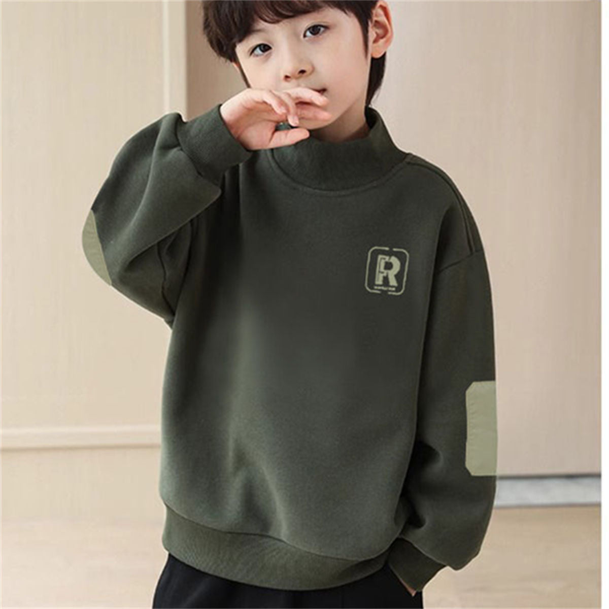 Winter plus velvet fashionable letter casual color matching style bottoming shirt for middle and large boys