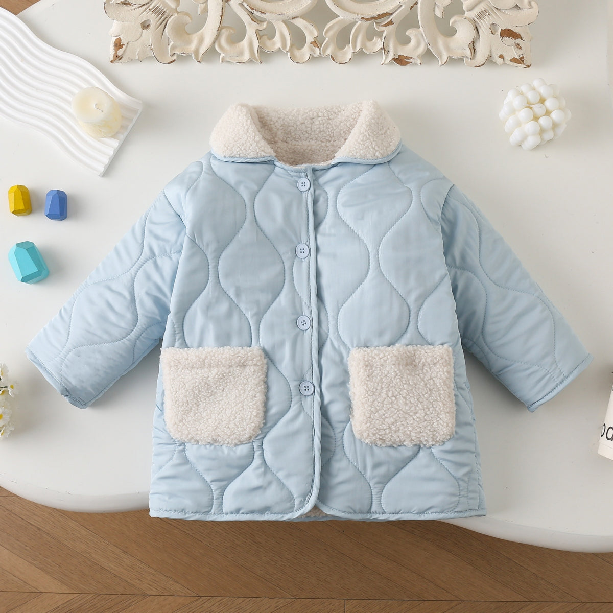 Girls autumn and winter style plus velvet warm cotton jacket children&#39;s stylish lapel cotton coat baby mid-length cotton coat