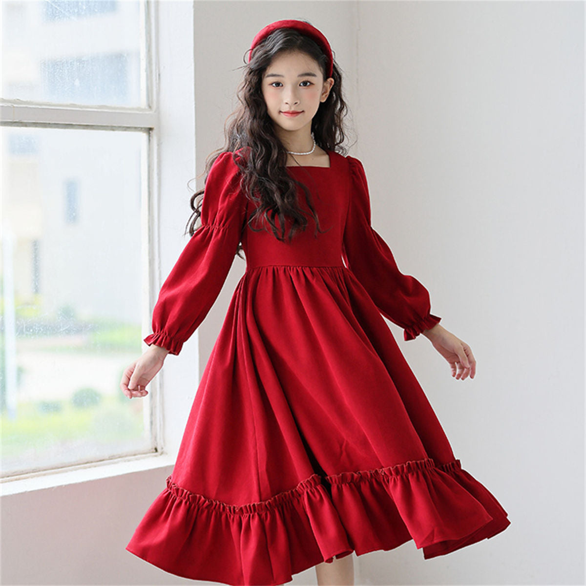 Autumn red elegant lady-style lace long-sleeved dress for middle and large girls