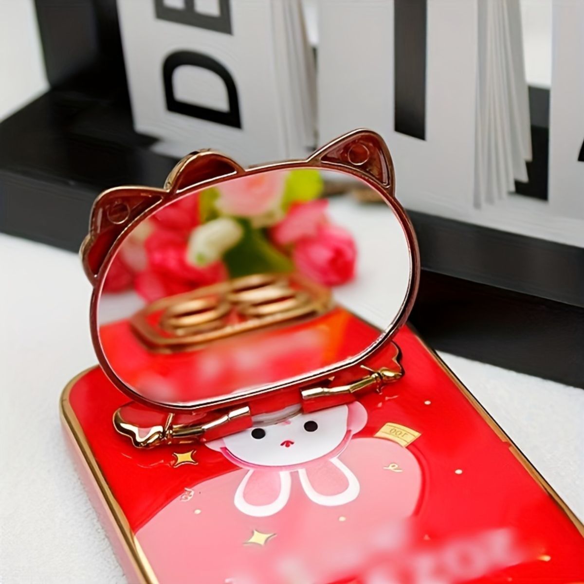 KT cat mobile phone back sticker stand 360 rotation cartoon electroplating with makeup mirror cute girl mobile phone shell decoration