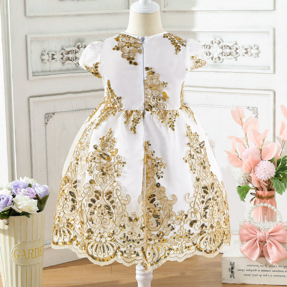 Toddler Girl's Gorgeous Elegant Style Golden Lace  Short Sleeves Dress