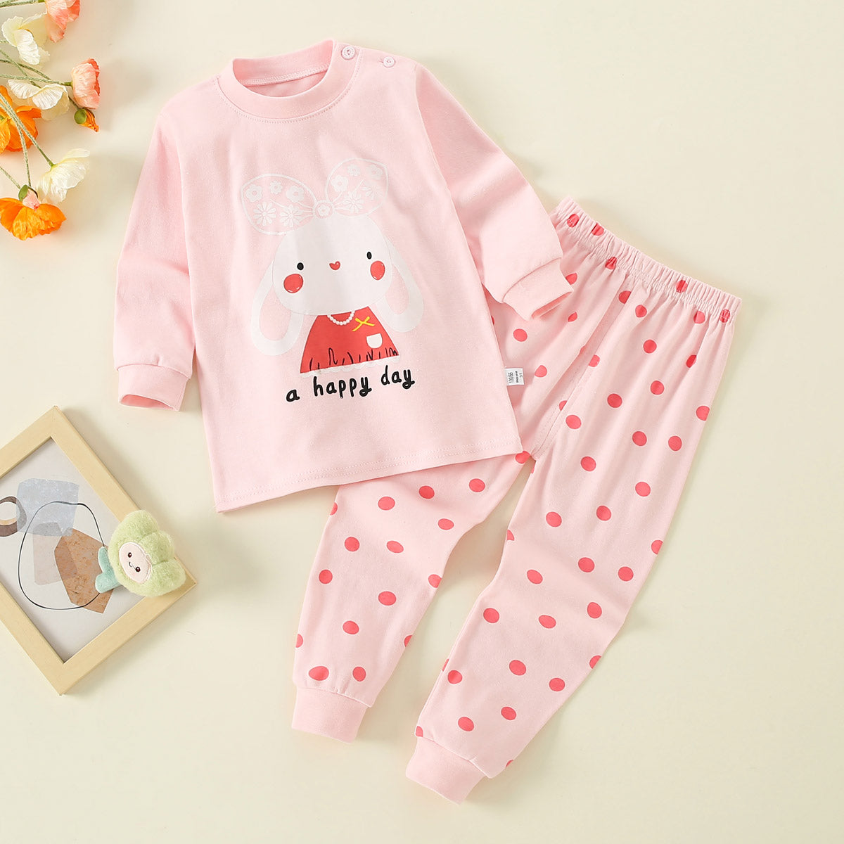 2-piece Toddler Girl Pure Cotton Cartoon Animal Pattern Top & Polka Dotted Pants