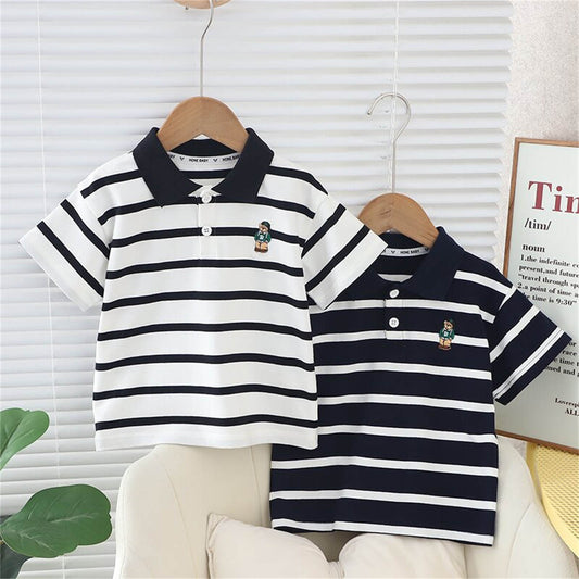 Children's clothing children's striped t-shirt boys short-sleeved new baby summer tops small and medium children's lapel t-shirt