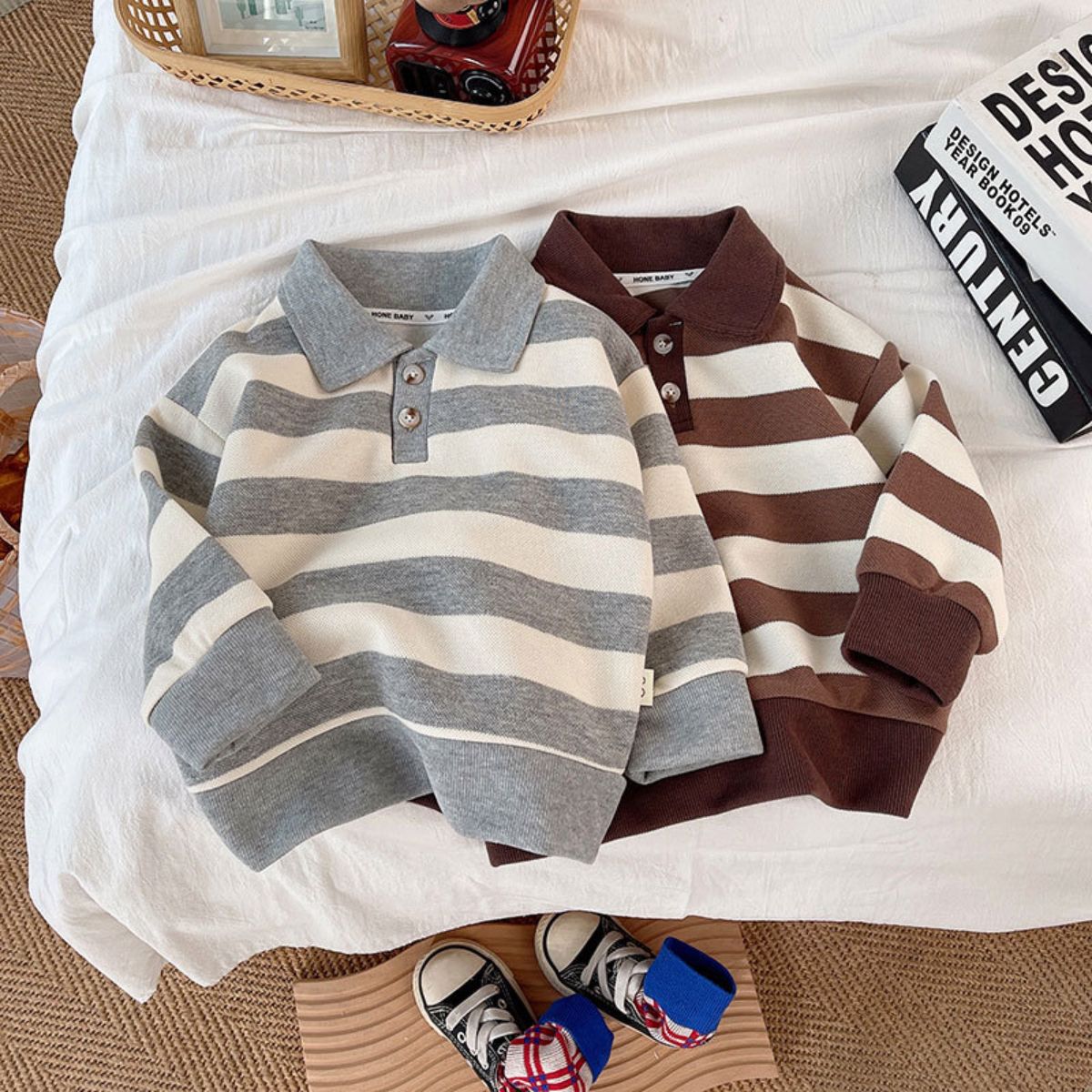 Children's Spring Striped Lapel Sweatshirt Boys Korean Tops New Cotton Spring and Autumn Long Sleeve Polo Collar Bottoming Shirt