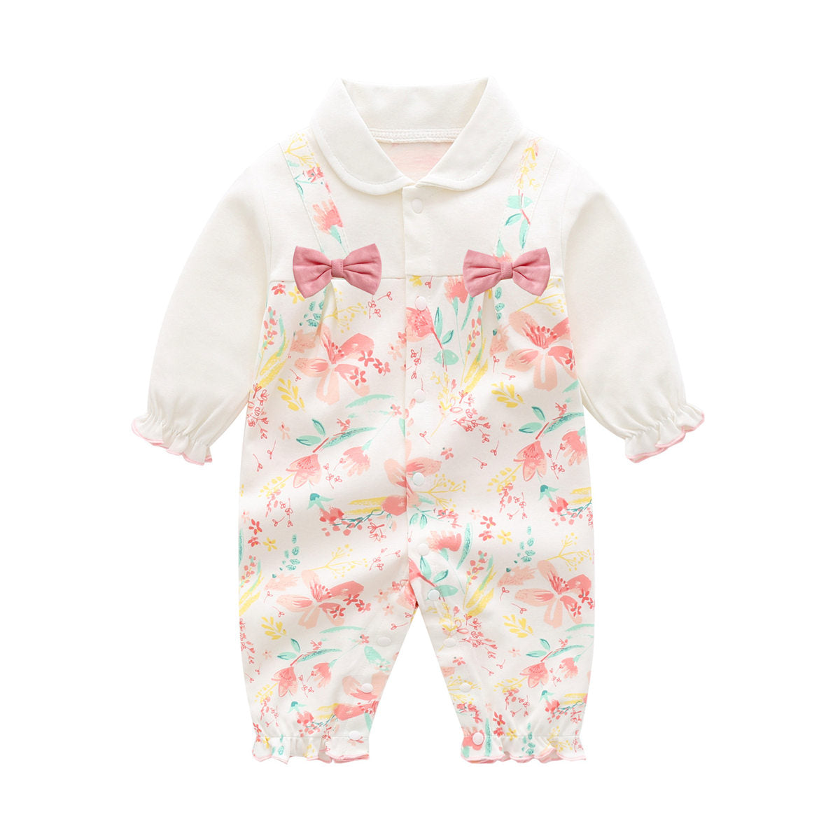 Baby Girl Pure Cotton Lapel Floral Patchwork Bowknot Decor Long-sleeved Long-leg Romper