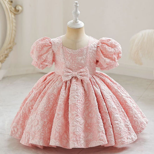 Toddler Girl Solid Color U-neck Bowknot Decor Short Puff Sleeve Dress