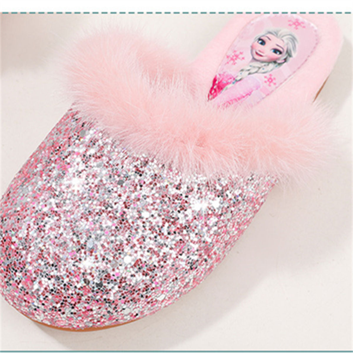 Winter Princess Elsa fur-edged sequined cotton slippers for middle and older girls