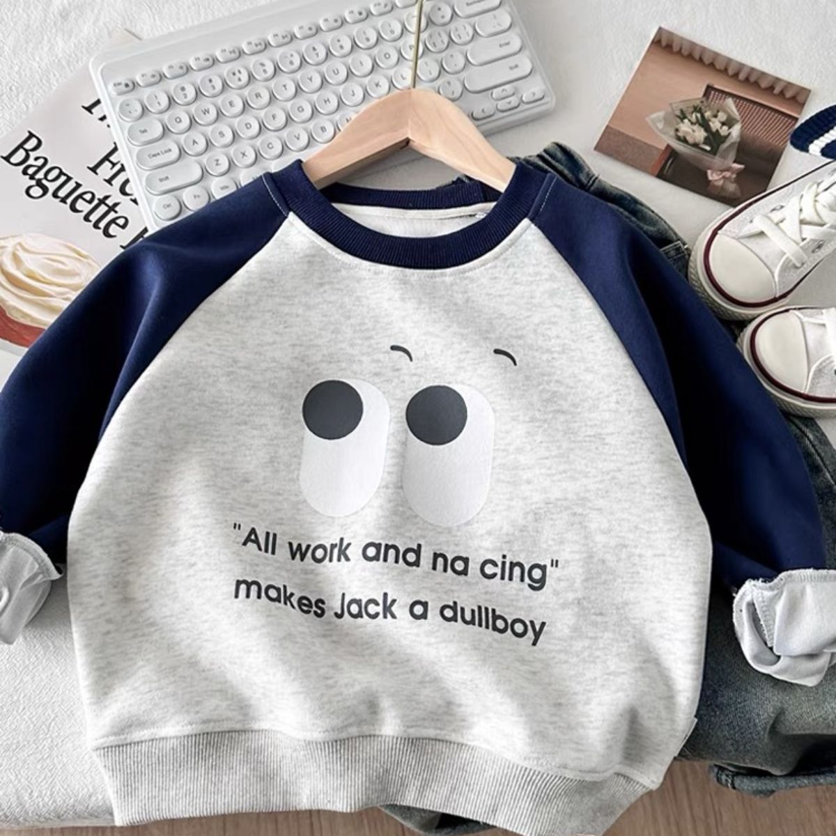 Children's raglan contrast color sweatshirt for boys and girls Chinese cotton foam printing small and medium children's clothing spring and autumn round neck top