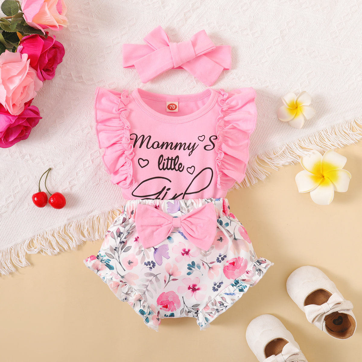 3-piece Baby Girl Ruffled Letter Printed Sleeveless Top & Allover Printing Bowknot Decor Shorts & Headwrap