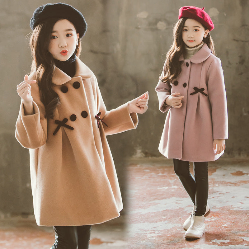 Girls solid color cute medium-length princess woolen coat