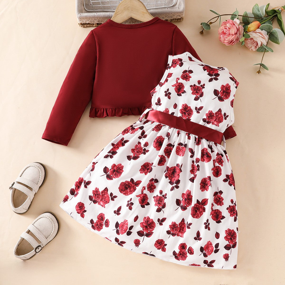 Girls' four seasons suit dress, elegant lady style sleeveless floral waist dress with belt + ruffled cardigan short jacket two-piece suit