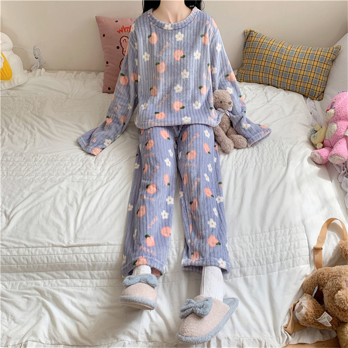 Bear bow print coral fleece suit home clothes