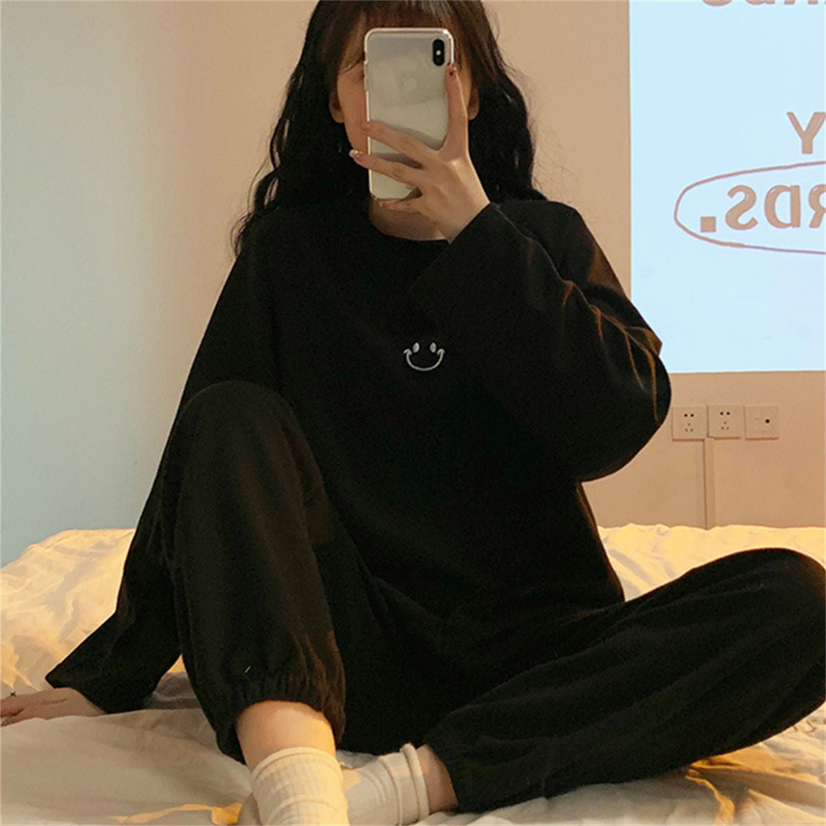 Long-sleeved waffle pajamas sweet girl round neck loose casual home clothes