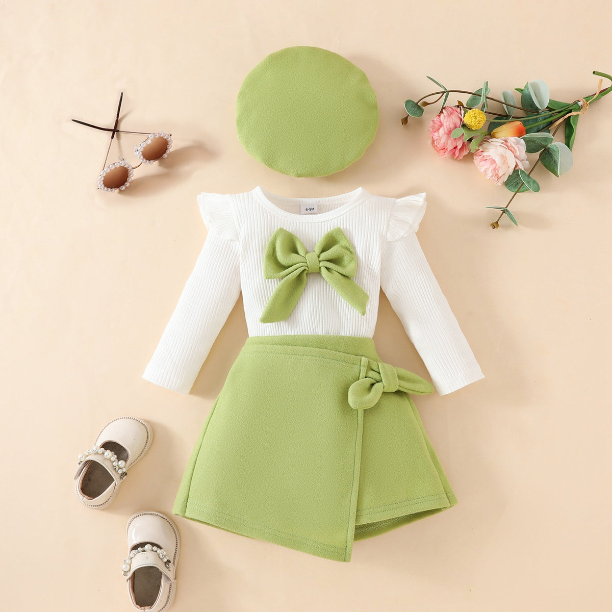 Toddler Girl Fashion Big Bow Ribbon Fabric Top + Tweed Fabric Skirt + Beret Three-piece Set