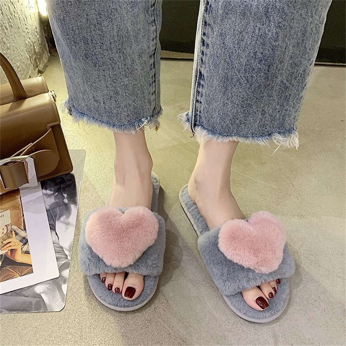 Furry love heart style autumn and winter temperament slippers shallow mouth women flat heel flat bottom daily home furry cotton slippers love word fur slippers