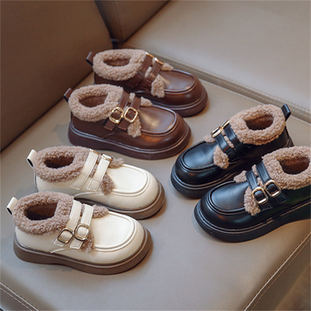 Children's girls' winter style British style plus velvet warm leather shoes low-top cotton shoes