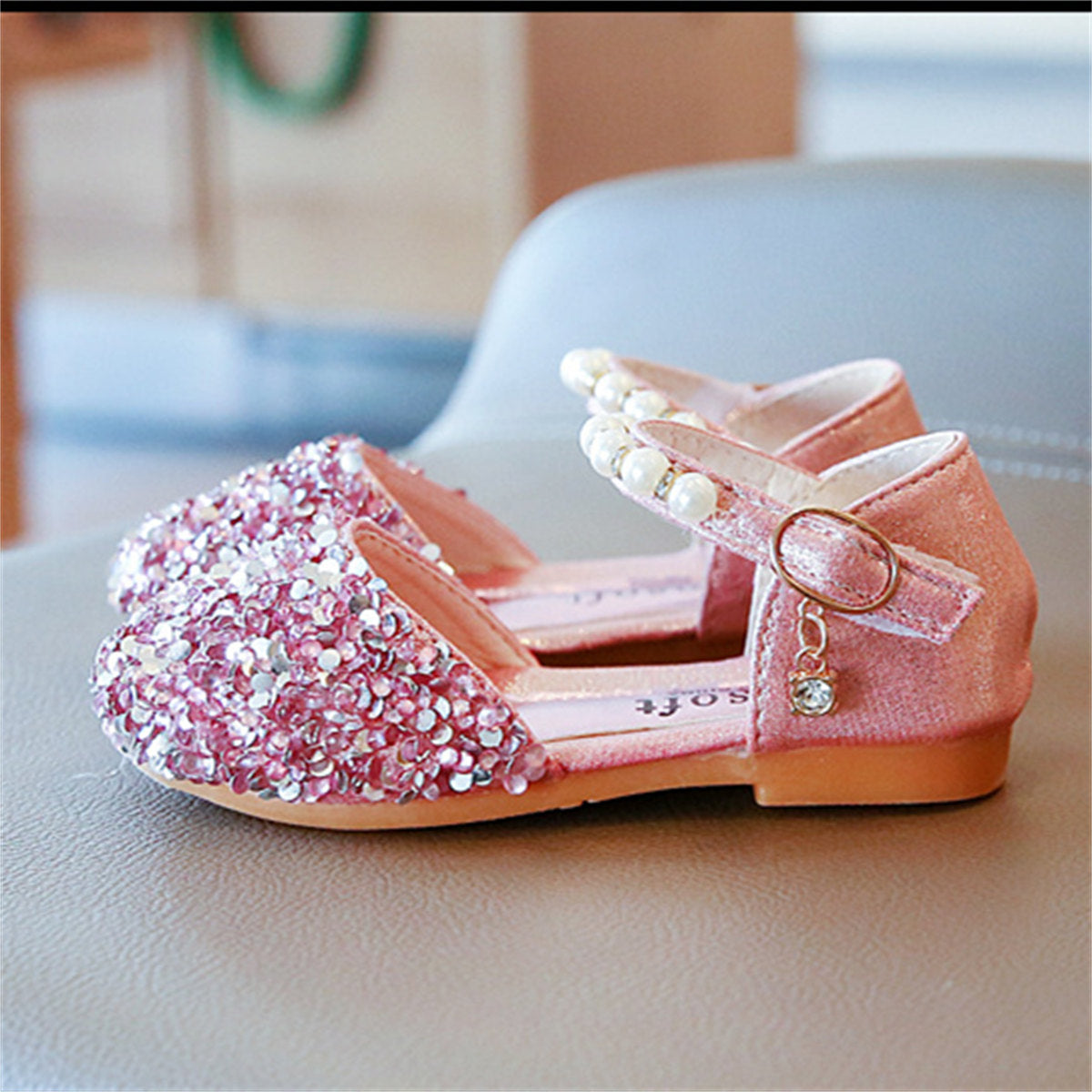 Little girl princess style sequined ladies pearl style sweet flat leather shoes